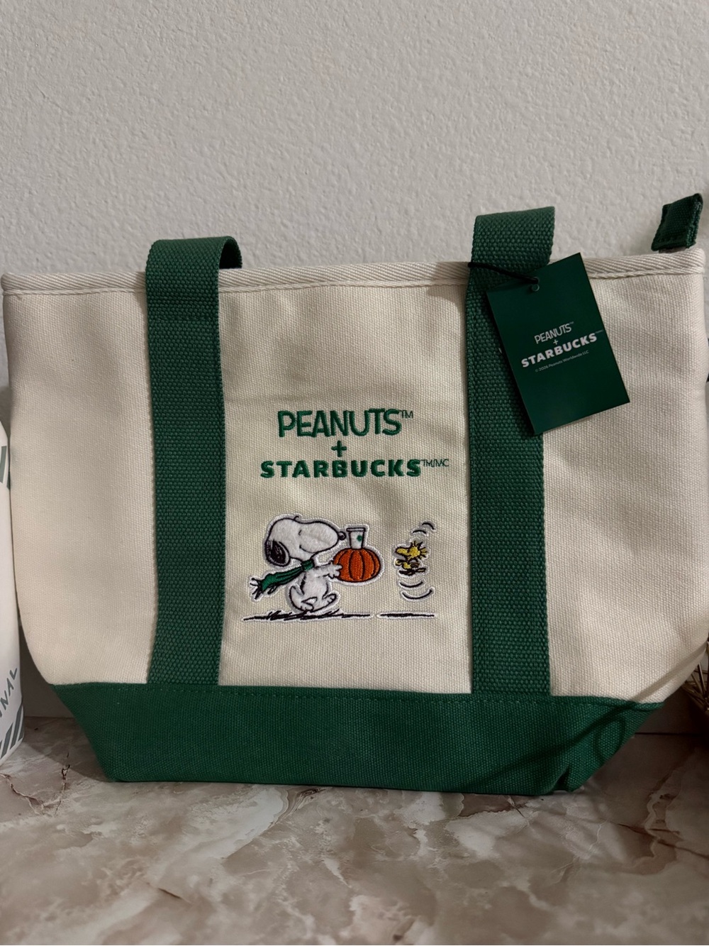 Starbucks x Peanuts Canvas Tote in Cream & Green with Snoopy Patch